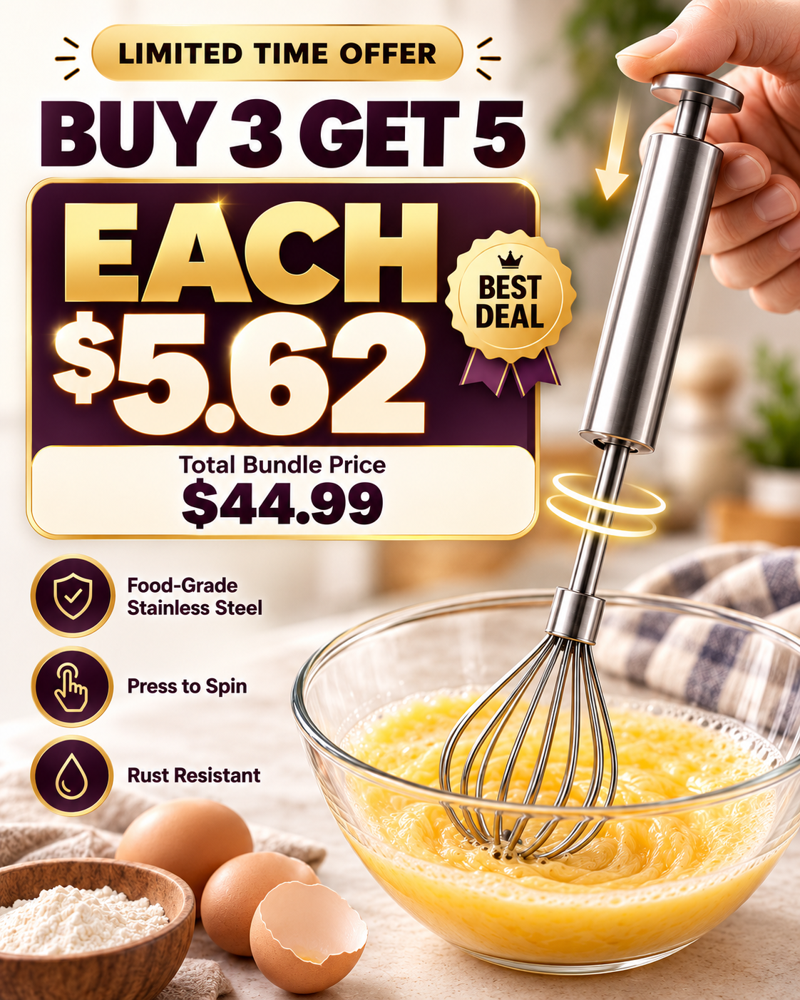 Stainless Steel Hand-Push Rotary Whisk Food-Grade Rust-Resistant Kitchen Utensil