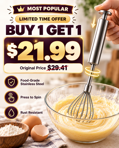 Stainless Steel Hand-Push Rotary Whisk Food-Grade Rust-Resistant Kitchen Utensil